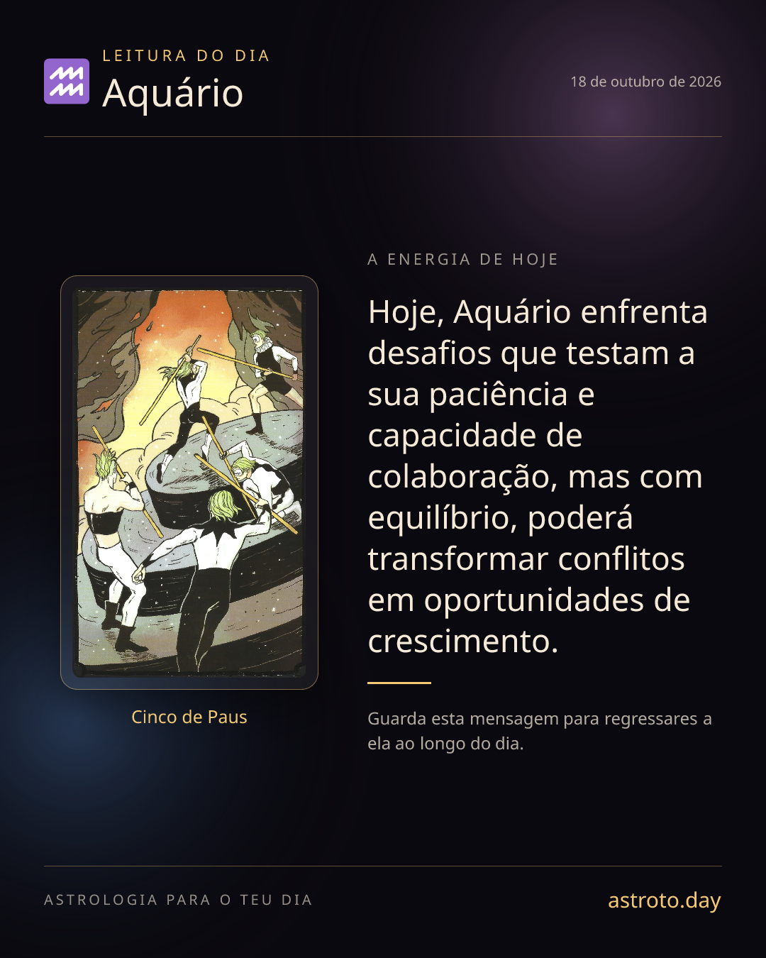 Publicação diária de Aquário com a carta Cinco de Paus