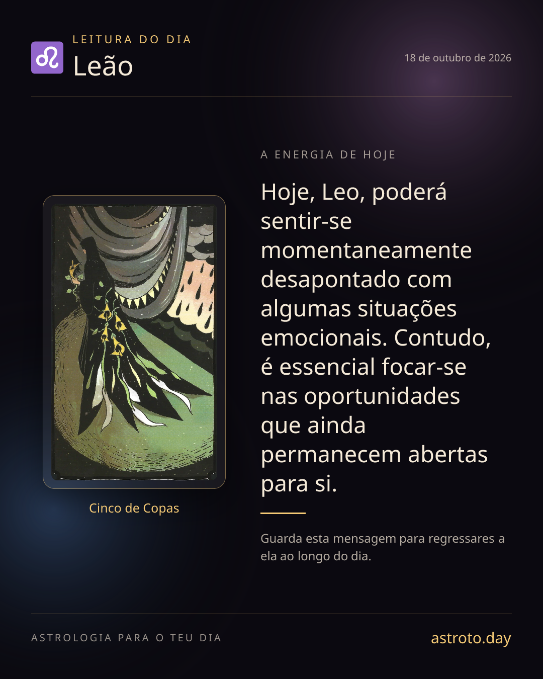 Publicação diária de Leão com a carta Cinco de Copas
