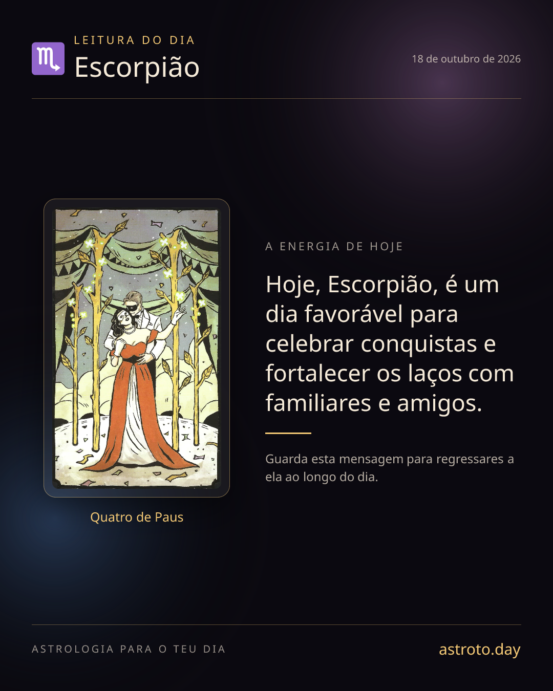 Publicação diária de Escorpião com a carta Quatro de Paus