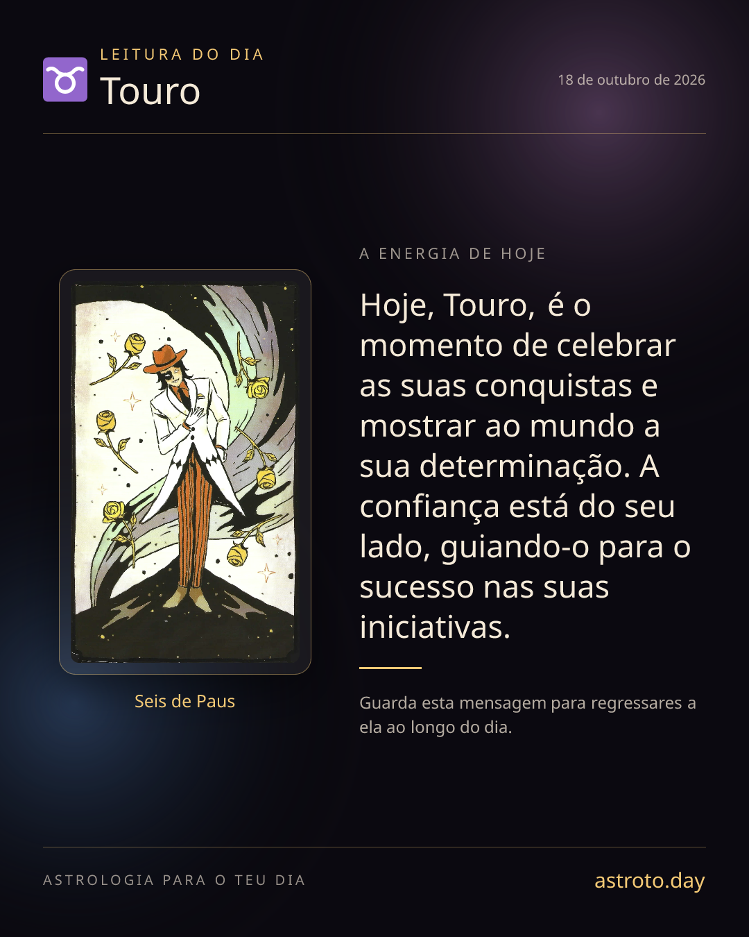 Publicação diária de Touro com a carta Seis de Paus