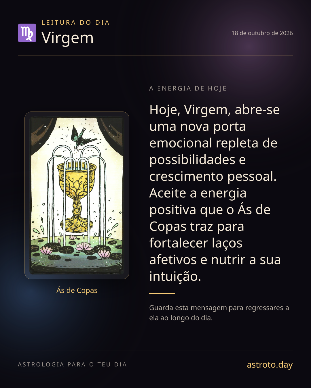 Publicação diária de Virgem com a carta Ás de Copas